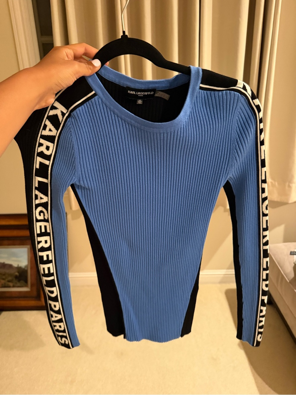 Karl Lagerfeld Blue and Black Ribbed Long-Sleeve Top with Logo Sleeve Bands